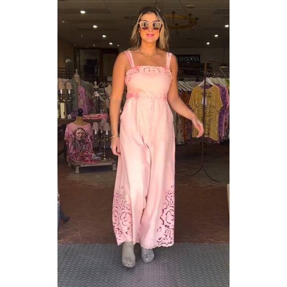 Free People Leighton Wide Leg Jumpsuit Pink Cotton Lace Overalls Denim Small - Picture 5 of 14